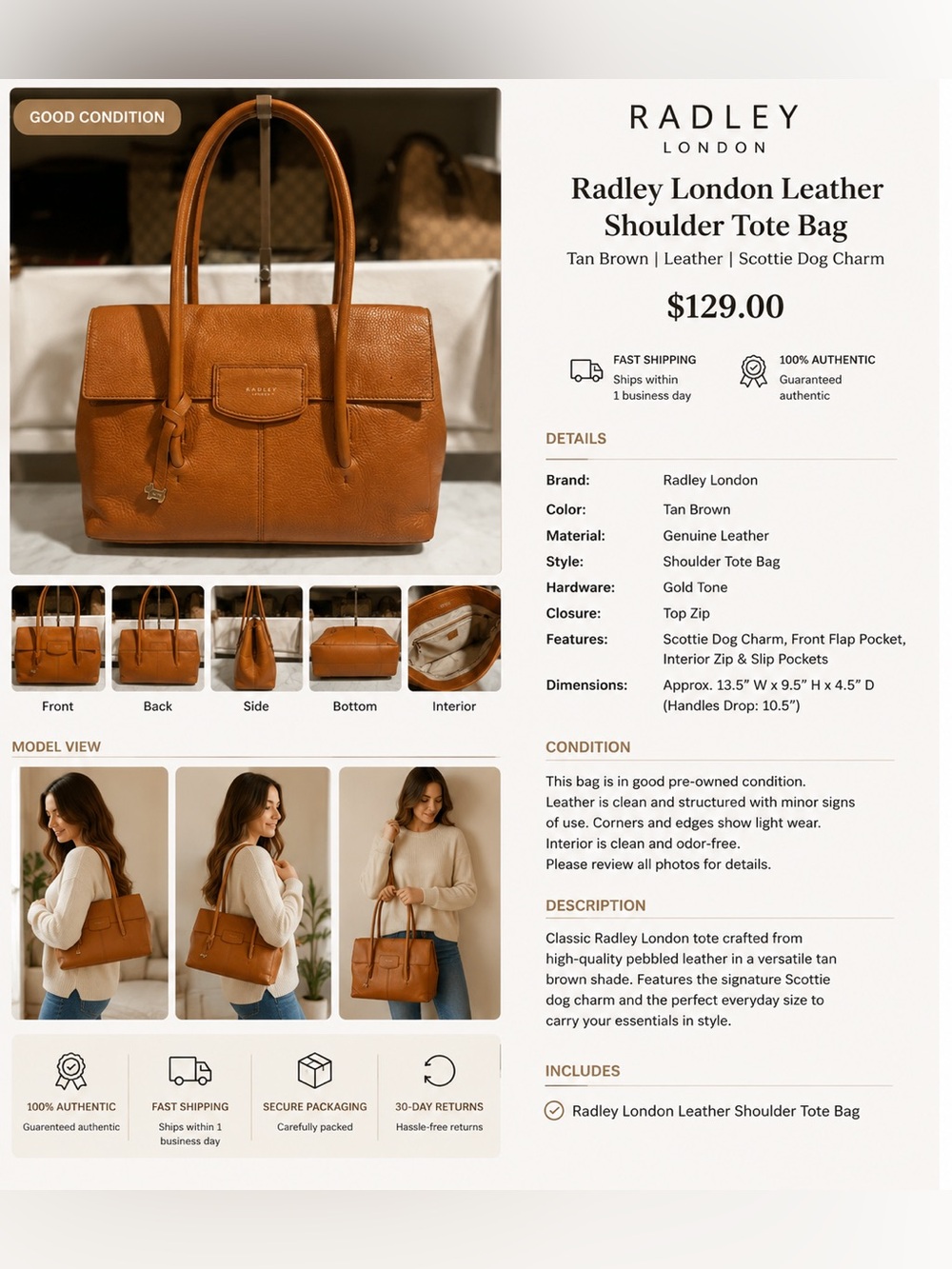 RADLEY LONDON Tan Pebbled Leather Shoulder Bag